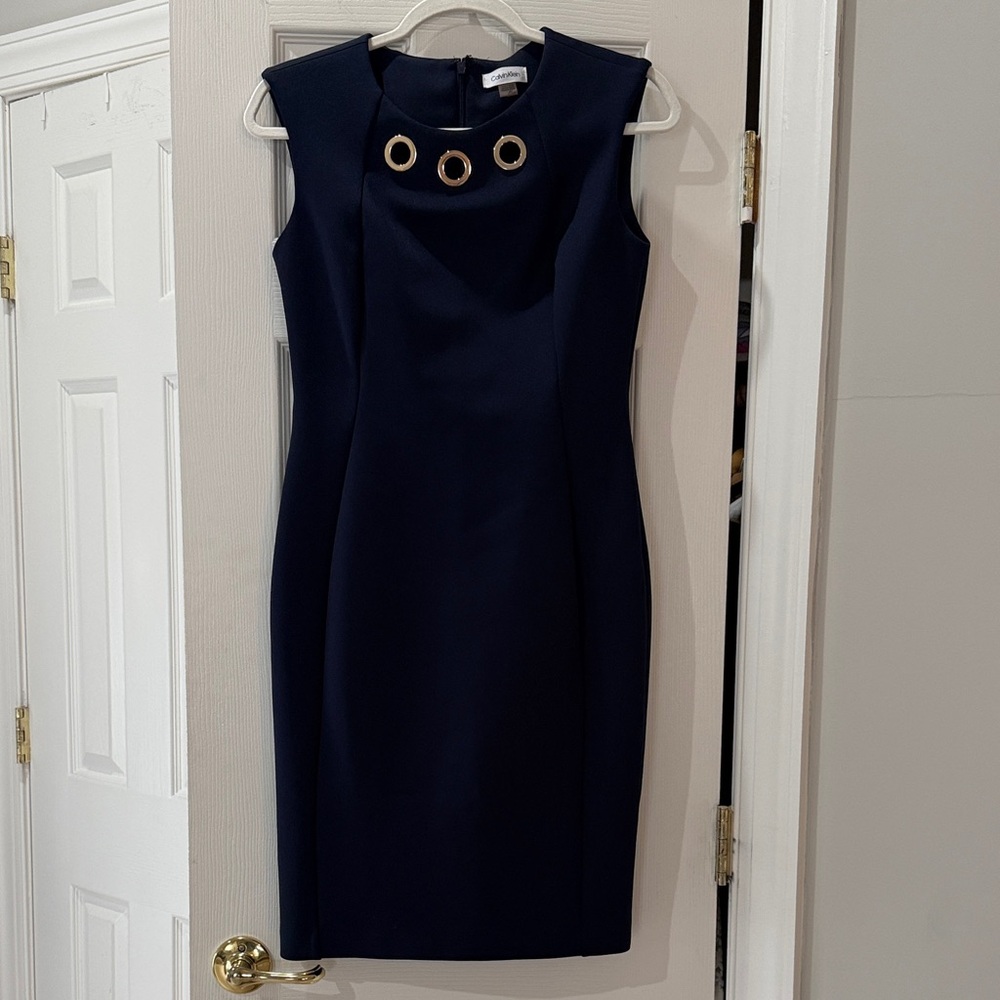 Calvin Klein Navy Midi Sheath Dress with Gold Grommet Neckline